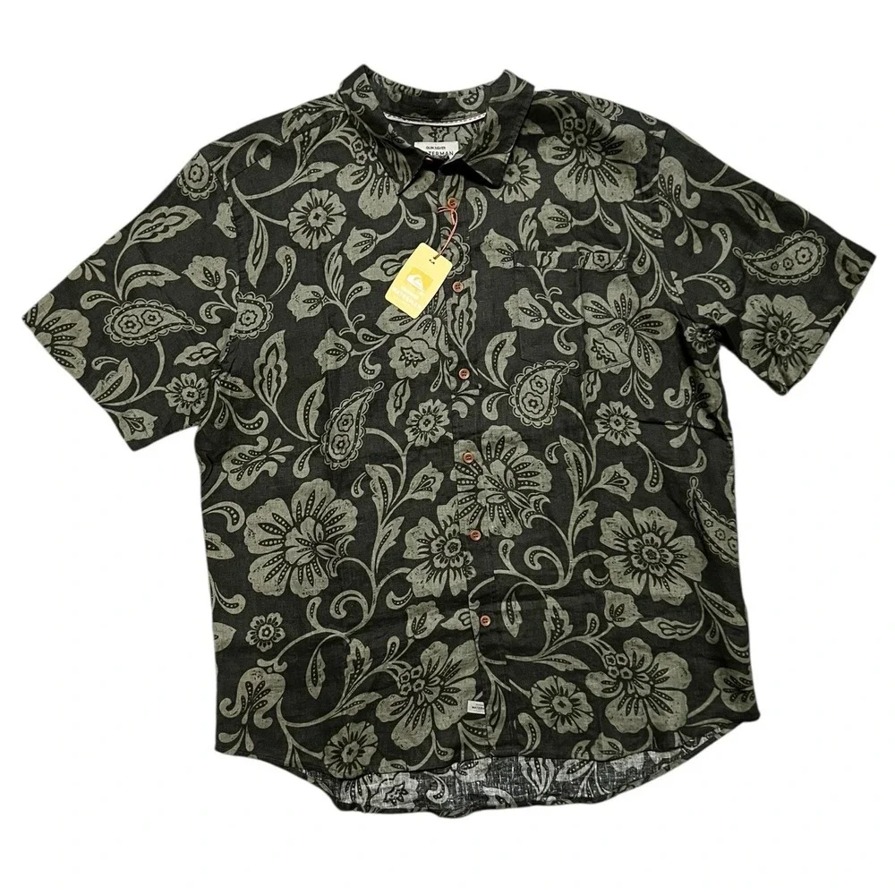 NWT Quiksilver Waterman Shirt S/S Mens 2XL Linen‎ Green Floral Paisley MSRP $65